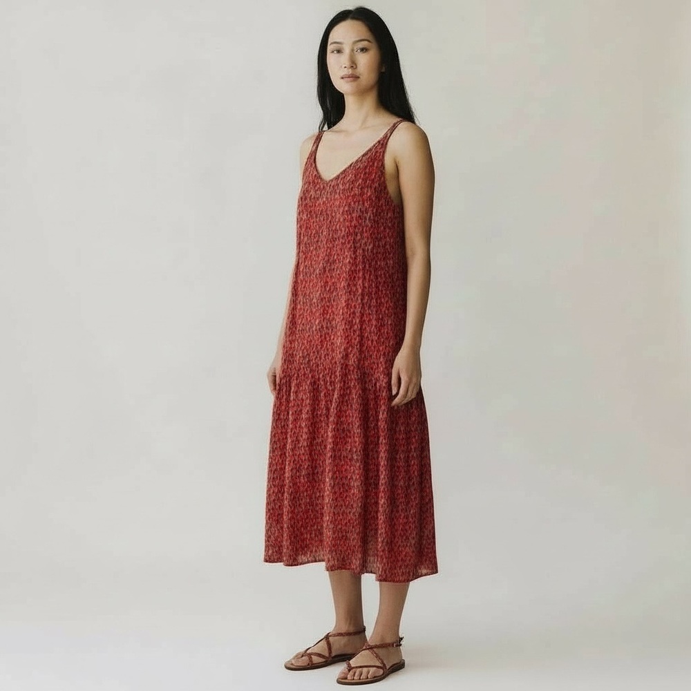 Joie XL Tiered Sleeveless Maxi Flowing Summer Dress Tea Rose Red 100% Cotton - Picture 1 of 15